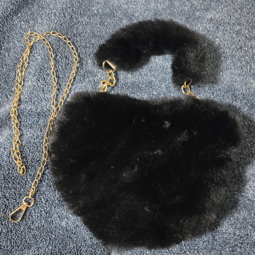 Black Faux Fur Handbag with Gold Chain